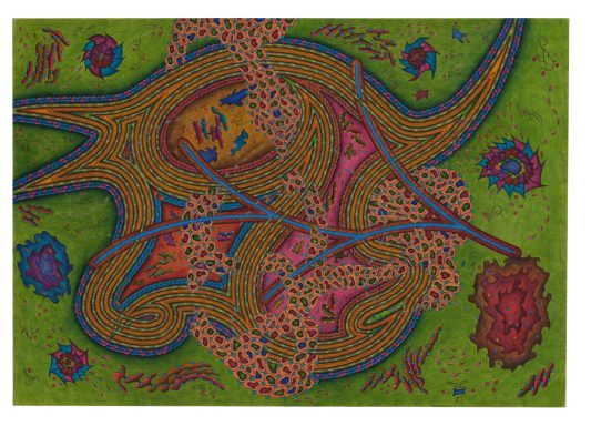 Slow Motion Transit – Abstrakte, farbenfrohe Muster und Linien auf grünem Hintergrund.