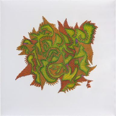 Slow Motion Grün 2 – Abstrakte, bunte Formen in Grün und Orange auf weißem Hintergrund.