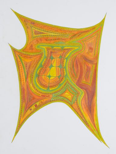 Herz Geschwungene Fläche in leichtem Quadrat, gelb-orange Töne mit grünem Netzwerk.