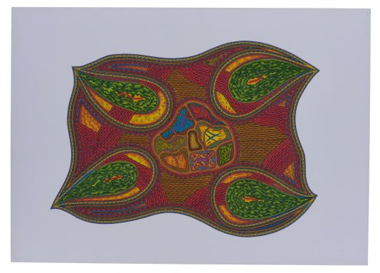 Taupunkt Eleganz – Bunte abstrakte Darstellung mit organischen Formen und grünen Elementen auf rotem Hintergrund.