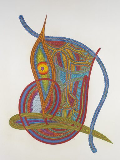 Bunte abstrakte Zeichnung mit geschwungenen Linien und organischen Formen.