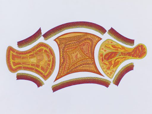 Dazwischen Einzelne surreale Flächen mit Unterbrechungen. Orange, Gelb und Rot Töne