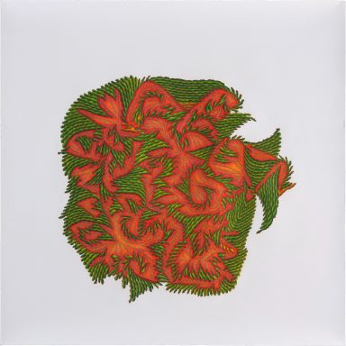 Slow Motion Green – Bunte, abstrakte Darstellung von roten und grünen Pflanzenformen auf weißem Hintergrund.