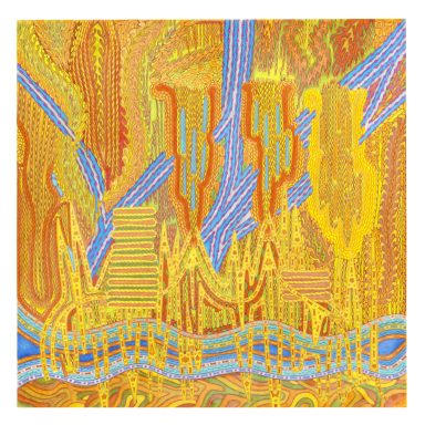 Grotto II Quadrat mit von blau durchzogenen gelb-orangenen Flächen und Tropfen.