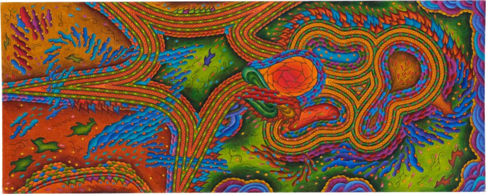 April 2018 – Bunte abstrakte Muster mit geschwungenen Linien und organischen Formen in dominierenden Rot- und Grüntönen