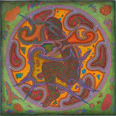 Parvati Dreaming – Abstrakte Darstellung eines sitzenden Menschen umgeben von bunten organischen Mustern
