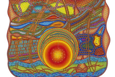 Bunte abstrakte Darstellung mit einem leuchtenden Sonnenkreis und dynamischen Linien.