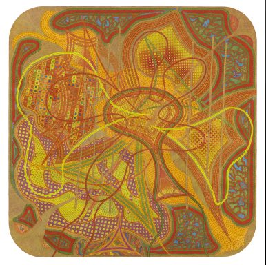 Brain Machine – Bunte abstrakte Komposition mit geschwungenen Linien und Formen in Orange- und Brauntönen