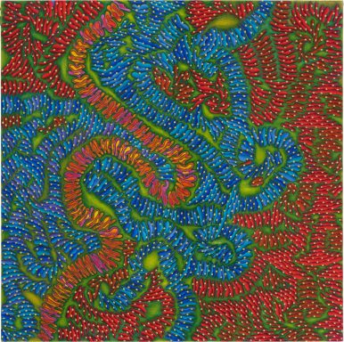 Lane A – Bunte abstrakte Komposition mit sich kreuzenden Linien und organischen Forme