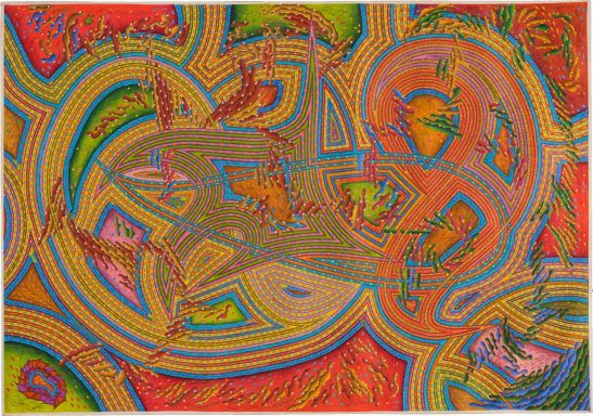 No Name – Abstrakte Darstellung eines sitzenden Menschen umgeben von farbenfrohen Mustern und Formen