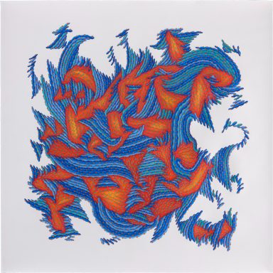 Slow Motion - Bunte, abstrakte Komposition aus blauen und roten Formen, die dynamische Bewegungen darstellen.