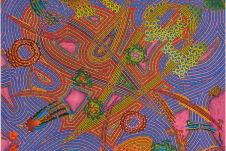 Abstraktes Muster mit bunten Linien, Formen und verschiedenen Texturen auf farbigem Hintergrund.