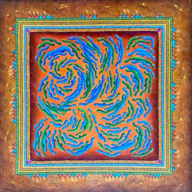 Abstrakte Komposition mit blauen und grünen Spiralen auf einem orangebraunen Hintergrund.