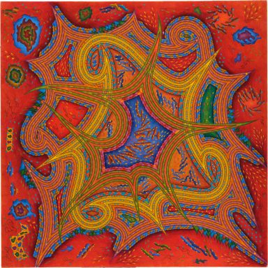 Saine – Abstraktes Kunstwerk mit spiralförmigen Mustern in leuchtenden Farben auf rotem Hintergrund