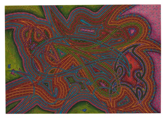 Slow Motion Hinata – Farbige, abstrakte Linien und Muster in Rot, Blau, Grün und Lila auf strukturiertem Hintergrund.