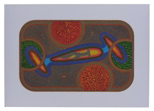 Slow Motion Inbetween – Abstrakte Komposition in lebhaften Farben mit ovalen und kreisförmigen Elementen.