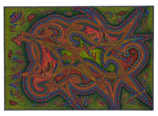 Slow Motion Spring – Abstrakte, bunte Linien und Formen auf grünem Hintergrund, chaotisches Muster.