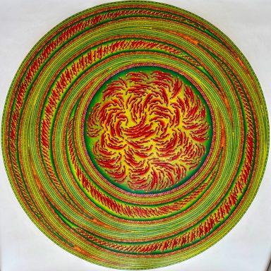 Bunte Zentrifugal-Muster mit spiralförmigen roten, gelben und grünen Elementen.